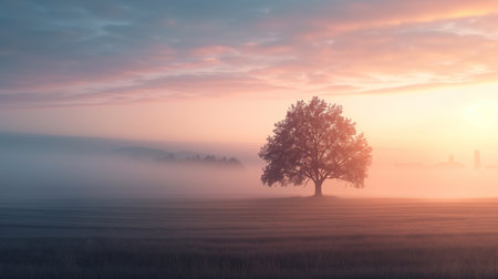 A solitary tree in a foggy meadow at sunrise, with a distant factory emitting smoke, creating a serene and atmospheric scene.の素材