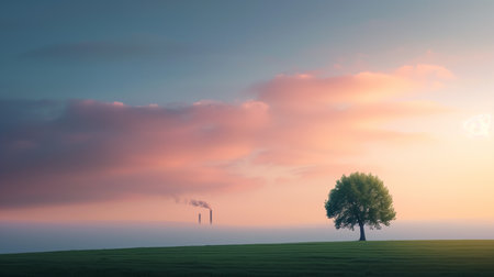 A solitary tree in a vast meadow with a distant factory emitting smoke, under a colorful sunset sky, creating a striking contrast.の素材