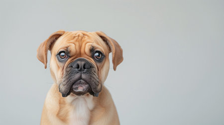 Close-up of a sad Bulldog puppy with big round eyes and a somber expression on a plain background.の素材