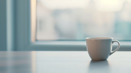 A white coffee cup placed near a sunlit window, with a serene and peaceful morning ambiance.の素材