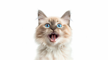 Front side close up of Ragdoll cat with a excited face expression isolated white background.の素材