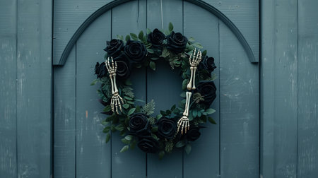A Halloween wreath decorated with black roses and skeletal hands, hanging on a wooden door, perfect for spooky decor.の素材