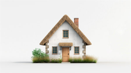 A quaint cottage with a thatched roof and stone walls, surrounded by a wildflower garden and lush greenery, exuding rustic charm, on white background.の素材