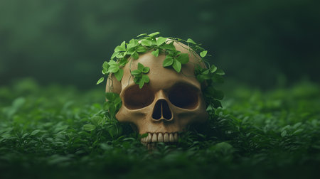 A realistic 3D depiction of a human skull covered in creeping vines, nestled in a lush green forest. Nature reclaims what was once human in this serene yet haunting image.の素材