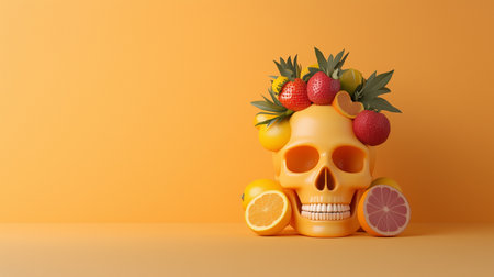 A yellow skull adorned with tropical fruits like strawberries, oranges, and limes on top, set against an orange background.の素材