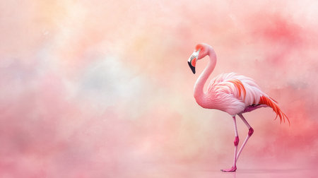 A graceful flamingo stands elegantly against soft, pastel background, showcasing its vibrant pink feathers and long legs. serene atmosphere evokes sense of calm and beauty.の素材