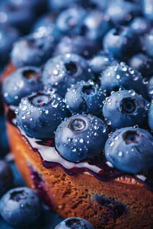 Delicious blueberry cake topped with fresh blueberries and glistening droplets, creating mouthwatering and inviting dessert.の素材