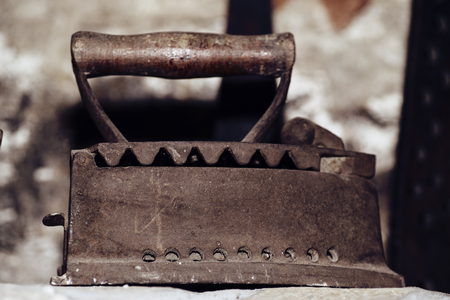 Details of antique cast iron charcoal flat.Antique antique iron heavy iron.の写真素材