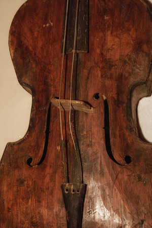 Wooden antique musical instrument. A wooden musical instrument is brown. On a light background.の写真素材