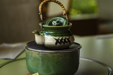 Miso soup on teapot . Japnese style soup. Soup pot.の写真素材