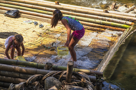 On the banks of the river girl holding fish caught in the river.Girls on a summer day catch fish on the river.Girls on a summer day catch fish on the river. Japanese fishing.の写真素材
