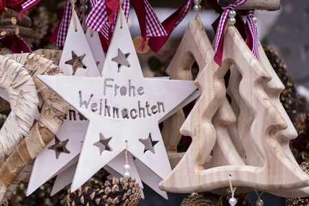 Christmas decorations balls and other miscellaneous toys at the Christmas market in Vienna. Christmas market in Vienna.の写真素材