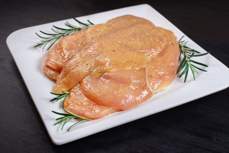Close-up view of raw, fresh, choped and sliced chicken meat.