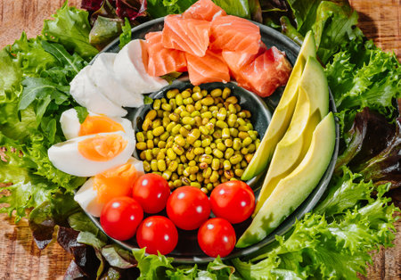 Green vegetable salad with salmon chicken eggs avocado tomatoes green lettuce on a wooden...