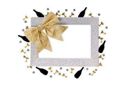New Year's card from a frame and fir branches and sweets. Frame for writing text, copy space.