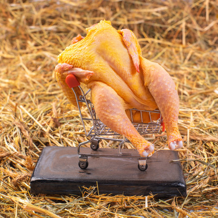Whole raw chicken in a supermarket trolley. Fresh whole chicken on a black kitchen board. Diet food.の写真素材