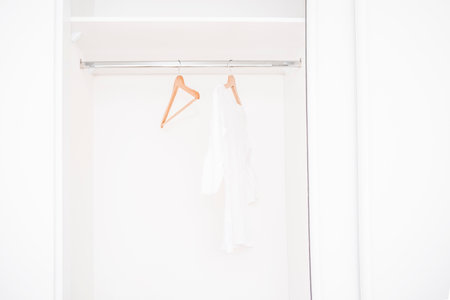 Wardrobe with empty ramps. Sale in the store. Emptiness.Modern wardrobe with one white T-shirt and empty ramps hanging in the wardrobeの写真素材