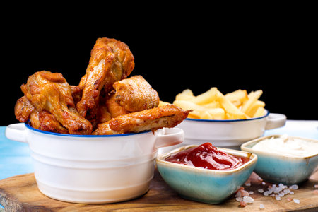 Fried chicken dippers in bucket with sauce on blue background.Chicken breaded strips in small ceramic pots with ketchup and white sauce .Precooked food.Convenience foods.Tender raw chickenの写真素材