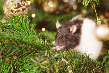 Pets in the house.Little cute gray rat on christmas tree.の写真素材