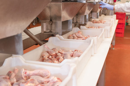 The meat factory. chicken on a conveyor belt.meat processing plant.meat processing plant assembly...