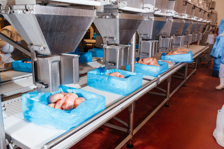 Food products meat chicken in plastic packaging on the conveyor.Chicken fillet production line.Line...