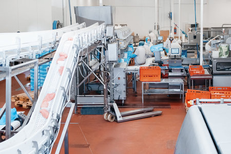 Meat processing plant.People working at a chicken factory.Automated production line in modern food...