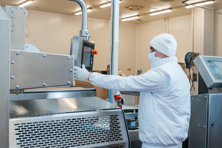 Meat processing plant. Production line of meat.Line for the production of meat with packaging and cutting. Industrial equipment at a meat factory.の写真素材