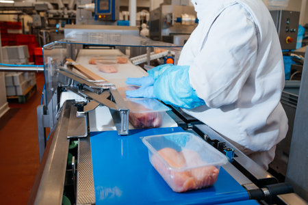 Production line with packaging and cutting of meat.Food products meat chicken in plastic packaging...