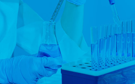 Chemical laboratory. Control of the composition of drugs. Development of new vaccines.hand of...