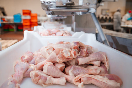 Industrial equipment at a meat factory.Chicken fillet production line. Factory for the production of food from meat.Automated production line in modern food factory. Ravioli production, meat processing plant.の写真素材