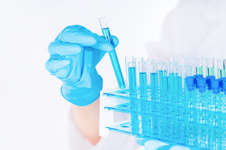 Test tubes in laboratory close-up. Research of new drugs.