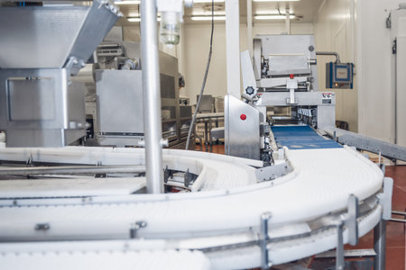 Automated line poultry equipment.Meat processing factory.Industrial production cutting large...