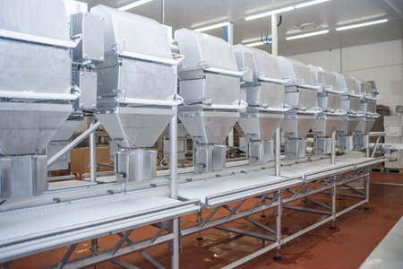Automated line poultry equipment.Meat processing factory.Industrial production cutting large...