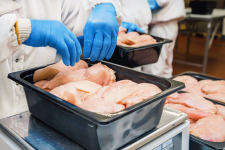 Chicken fillet production line. Meat processing equipment. Line for the production of semi finished...