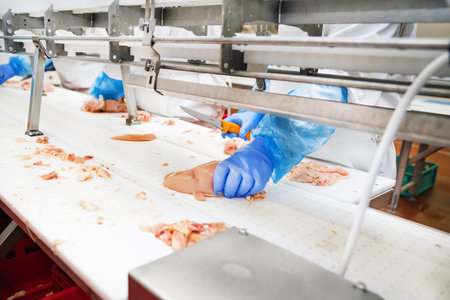 Group of workers working at a chicken factory - food processing plant concepts. chicken on a conveyor belt.の写真素材