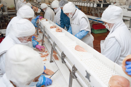 Conveyor Belt Food.The meat factory.Automated production line in modern food factory.の写真素材