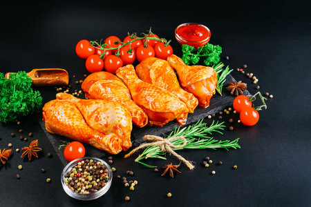 Cooking chicken drumsticks.Raw chicken legs in a marinade with rosemary and pepper.の写真素材