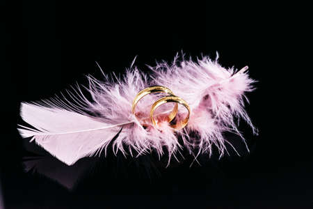 Two Golden Wedding Rings and Feather, background for marriage.Two gold wedding rings on a black background with pink feathers. Love and wedding concept.の写真素材