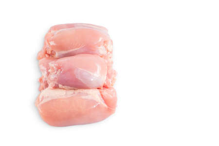 Raw chicken thigh meat without bone and without skin on a white background isolade.Close up, space for text, copyspaceの写真素材