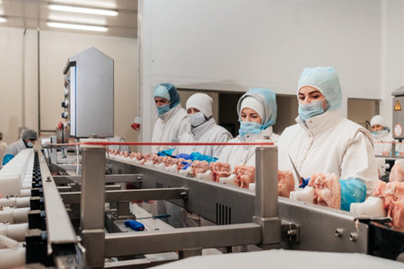 Meat processing equipment.Automated production line with packaging and cutting of meat in modern...