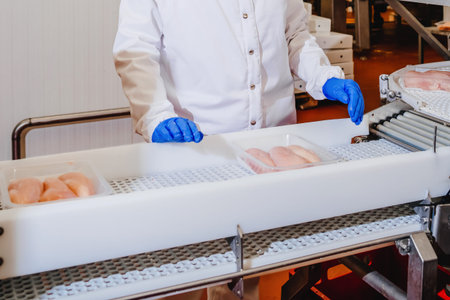 Meat processing equipment.Automated production line with packaging and cutting of meat in modern...