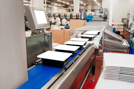 Modern poultry processing plant.Automated production line in modern food factory.Factory for the...
