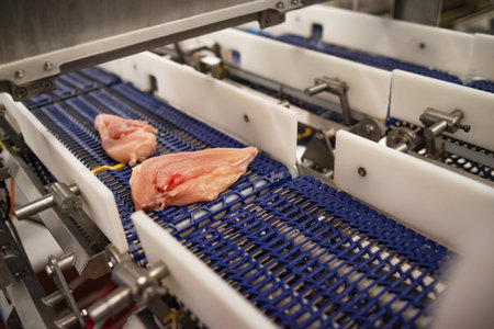 Conveyor Belt Food.The meat factory. Chicken fillet production line . Factory for the production of...