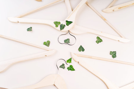Hangers with plants on white background with copy space.Conscious and environmentally friendly...