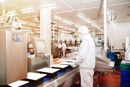 Group of workers working at a chicken factory food processing plant.Automated production line in modern food factory.Meat processing in food industry.Chicken fillet production line.Conveyor Belt Food.の写真素材