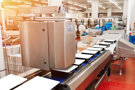 Meat processing plant. Production line of meat.Line for the production of meat with packaging and...