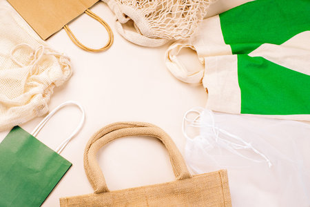 Eco Bags.Zero waste minimal composition with tring and canvas bags for storage.Zero waste, eco...