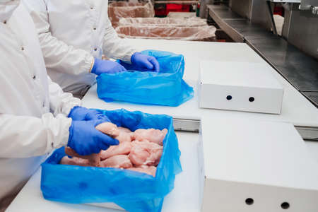 modern poultry processing plant.Meat processing in food industry.Packing of meat slices in boxes on a conveyor belt.Line for the production of semi-finished meat products.の写真素材