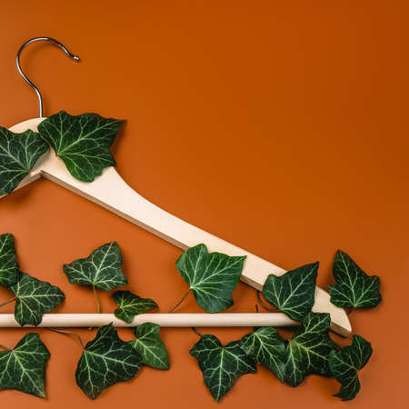 Hangers entwined with plants on background with copy space.Conscious and environmentally friendly consupmtion in shopping.Zero waste.Shopping,sale,promo, concept.Top view flat lay copy spaceの写真素材