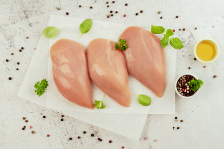 Chicken breast Fillets.Close up.Raw chicken meat.Raw fresh chicken fillet.Copy space.Food for retail.Ogranic food,healthy eating.Food concept.Top view.の写真素材